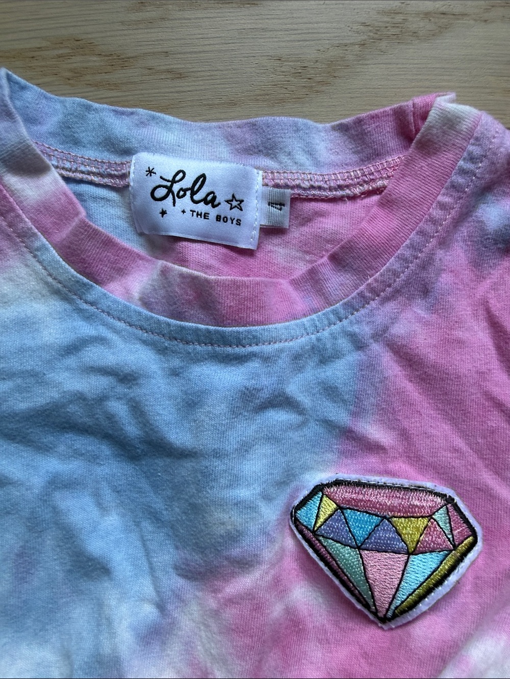 Lola + The Boys Pink and Light Blue Tie-Dye Ruffle Dress with Diamond Patch - Picture 2 of 6